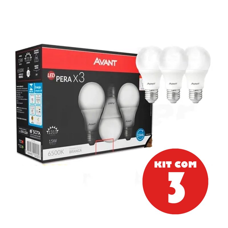 15142724514 kit 3 lampada led 15w bulbo pera 6500k e27 luz branca avant 1