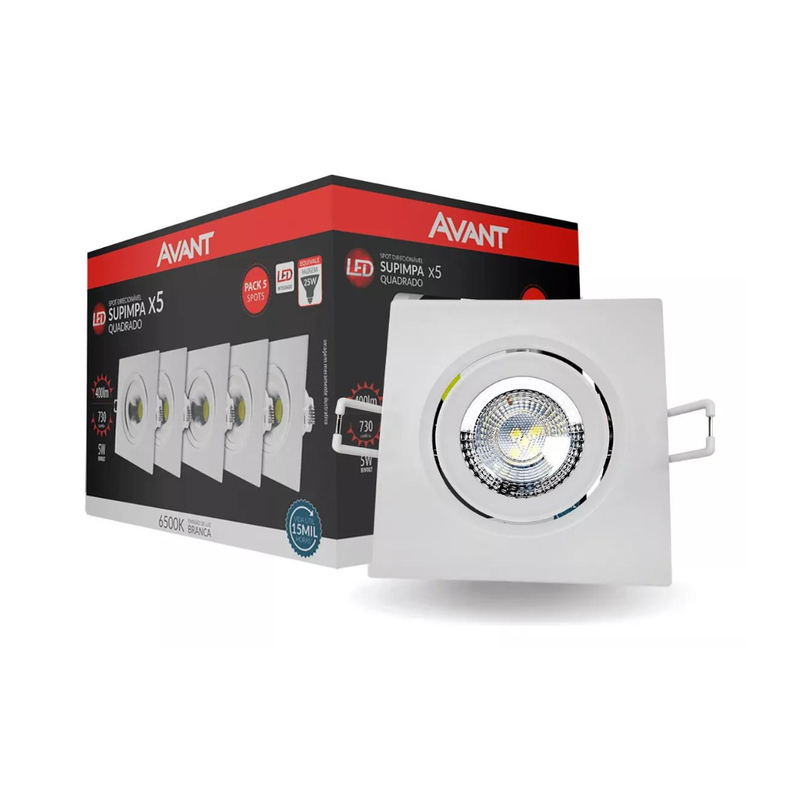 02 kit com 5 spots 5w embutir quadrado avant luz amarela 3000k