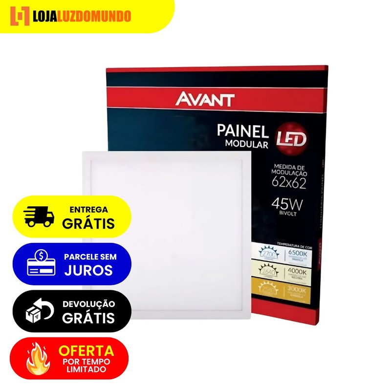Painel LED Quadrado Embutir 62x62cm 45W Aluminio - Avant